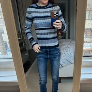 Autumn Cashmere grey, black and baby blue striped mock turtleneck in XS